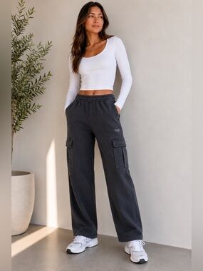 TNA Cozy AF black Cargo Joggers straight Leg Utility Sweatpants Aritzia